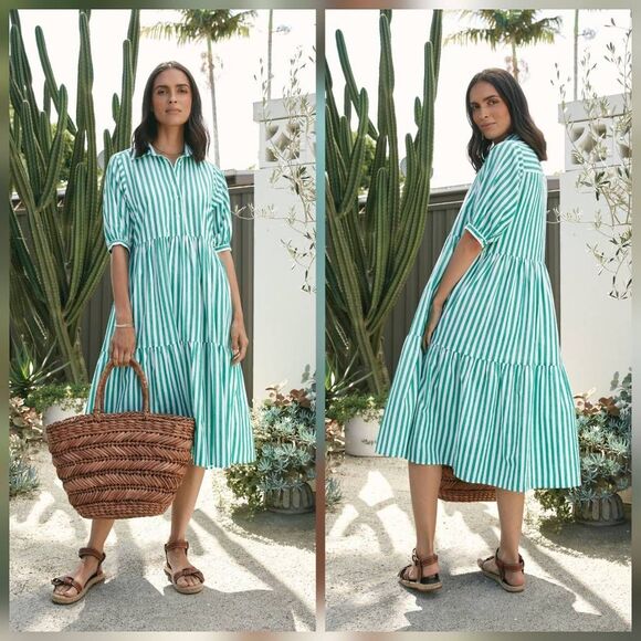 Maye Marnie Billowy Tiered Striped Midi Cottagecore Cotton Shirt Dress Sz. L - Picture 1 of 7